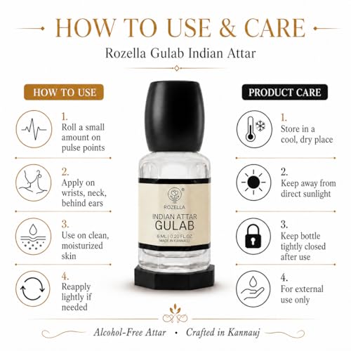 Image of ROZELLA Gulab Authentic Attar for Men and Women | Rose Inspired Concentrated Perfume Oil | Traditional Fragrance Blend | Non Alcoholic Long Lasting Aroma Attar Roll On Perfume | 3 ml