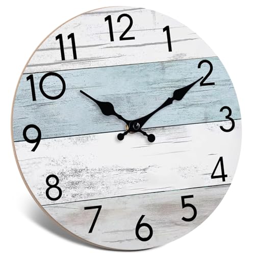 Image of KECYET Wall Clock Silent Non-Ticking Wooden Clocks Battery Operated 12 Inch Small Country Retro Rustic and Beach Style Decorative for Living Room, Kitchen, Home,Bathroom, Bedroom (Blue)