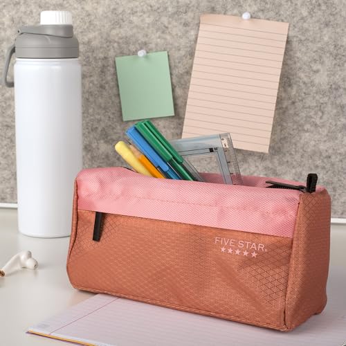 Five Star Pencil Pouch, Pen Case, 9-Pocket Zipper Pouch, Storage Organizer for School Supplies Earbuds Chargers Cables Makeup, Pink/Terracotta (500213F-ECM) image 2