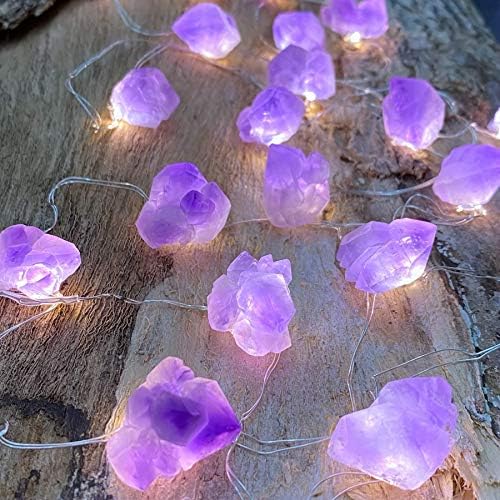 Genuine Amethyst Crystal Fairy Lights, Natural Healing 20 Raw Stones String of Lights 6.5ft Remote Control USB Plug in for Reiki Ornaments Bedroom Wedding Decoration