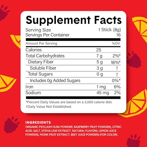 Image of Bellway Super Fiber Packets + Fruit, Sugar Free Organic Psyllium Husk Powder Fiber Supplement to Go for Regularity, Bloating Relief & Digestive Health, Plant-Based, Raspberry Lemon (20 Packets)