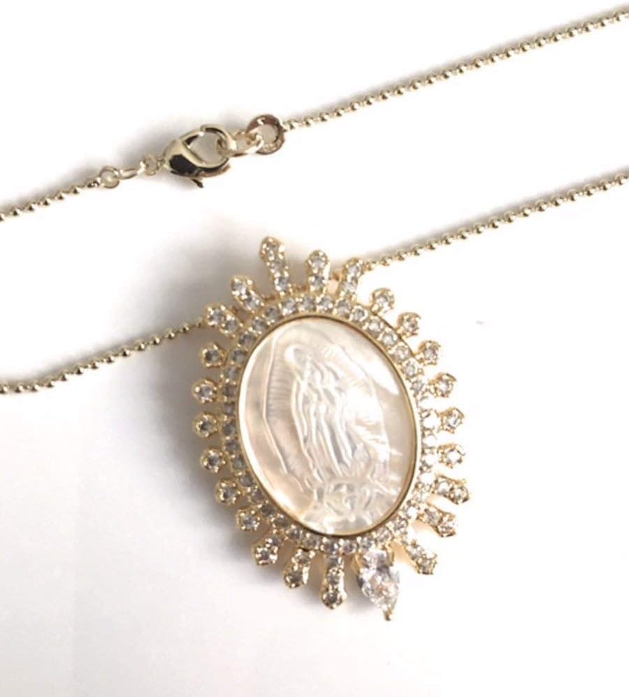 Mother of Pearl Virgen de Guadalupe Oval Pendant Necklace Gold Plated 18k Chain 17.5 Inches - Image 6