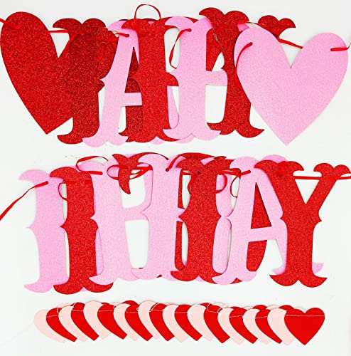 Image of FestikoGlitter Happy Birthday Banner for Valentine's Day Red Pink Glittery Valentines Day Happy Birthday Garland Banner and Heart Garland Valentines Themed Birthday Party Decorations Decor Supplies