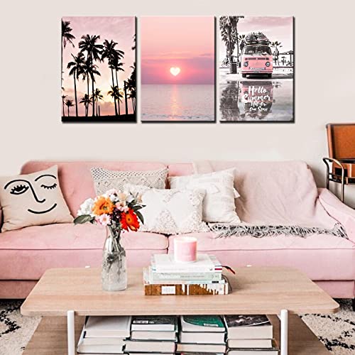 Tucocoo Living Room Wall Decor Pink Sunset Beach Pictures Coconut Tree Silhouettes Paintings 3 Panel Canvas Surf Van Artwork Home Decorations Giclee Wooden Framed Stretched Ready To Hang(42X20Inch) #TOP1