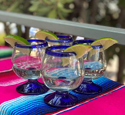Mexican Hand Blown Glass – Set of 4 Hand Blown Cognac Snifter Glasses - Cobalt Blue Rim