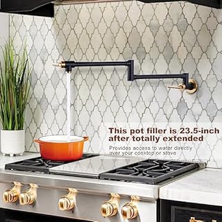 WOWOW Pot Filler Faucet, Solid Brass Kitchen Faucet Wall Faucet Black and Gold Folding Faucet, with Stretchable Double Joint Swing Arm, Commercial Copper Kitchen Faucet Over Stove