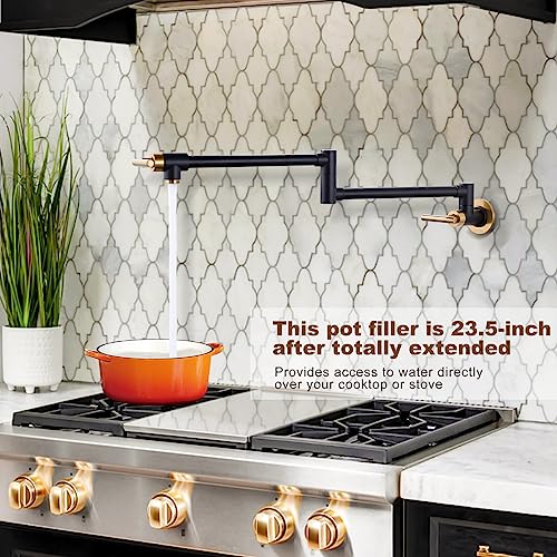 WOWOW Pot Filler Faucet, Solid Brass Kitchen Faucet Wall Faucet Black and Gold Folding Faucet, with Stretchable Double Joint Swing Arm, Commercial Copper Kitchen Faucet Over Stove by WOWOW - Image 3