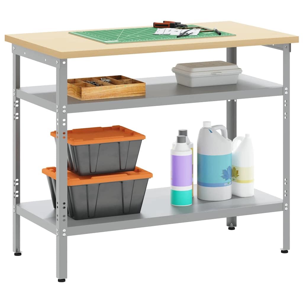 Mesa de trabajo gris 100 x 55 x 85 cm de acero con recubrimiento en polvo, banco de trabajo con 2 estantes metálicos, patas ajustables en altura, para taller, garaje, sótano y sala de ocio