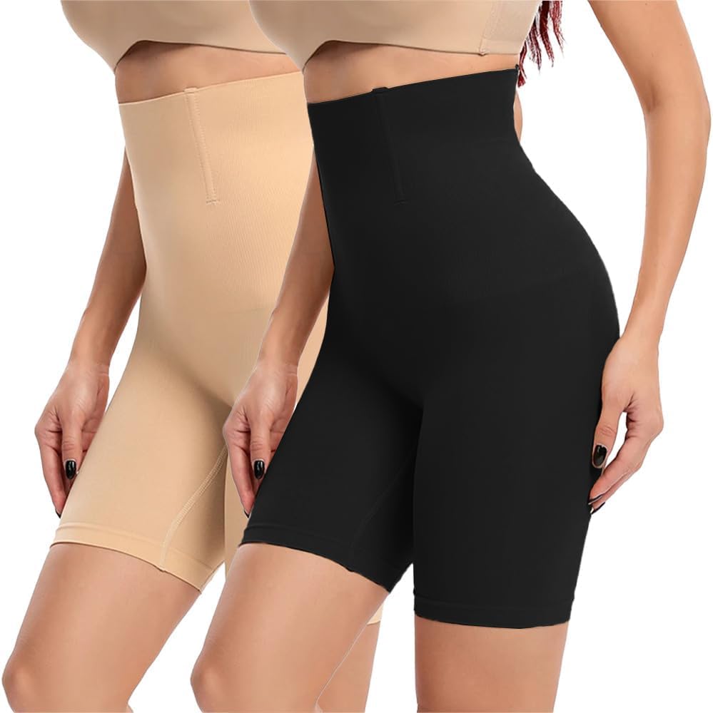 High Waist Tummy Control Shaping Shorts, Cotton Blend, Seamless, Compression Fit, Black and Beige, Pack of 2-image-10