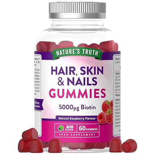 Hair Skin Nails Gummies | 5000g Biotin Vitamin C E Zinc Iodine & More | Beauty Vitamins | for Women & Men | 60 Raspberry Gummies | Vegan | Natures Truth