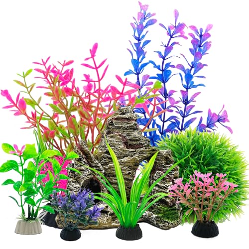 SLOCME Ensemble de plantes d'aquarium et de grotte en pierre – 8 pièces de décorations colorées artificielles pour aquarium, plantes d'aquarium en...