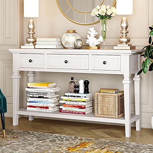 P PURLOVE Console Table with Drawers and Shelf, Sofa Table Entryway Table for Entryway Living Room Hallway (Retro White) P PURLOVE Console Table with Drawers and Shelf, Sofa Table Entryway Table for Entryway Living Room Hallway (Retro White)