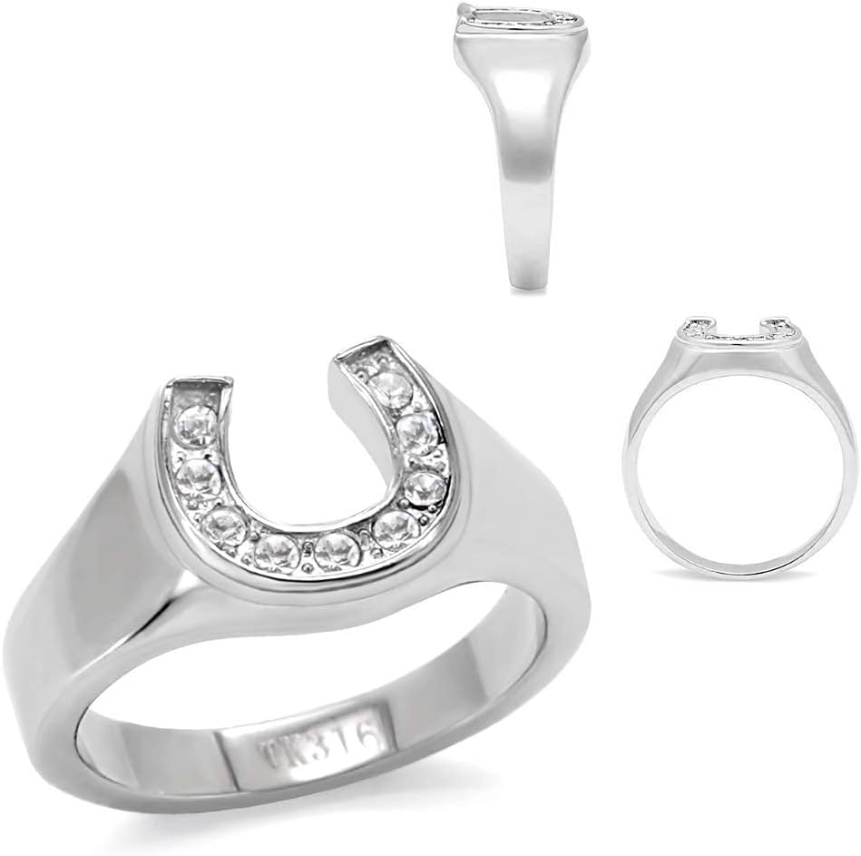 Women's Stainlesss Steel Clear Pave Cubic Zirconia Minimal Horseshoe Equestrian Novelty Statement Fashion Ring