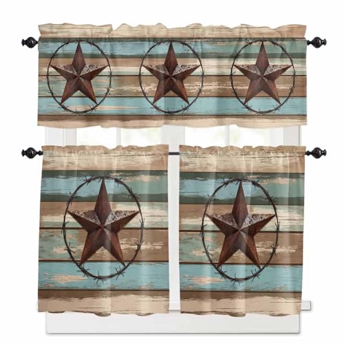 Teal Brown Texas Star Kitchen Curtains 24 Inch Length, 3 Piece Rod Pocket Small Half Tiers and Valance Set, Country Farmhouse Wooden Small Large Window Treatment Decor for Bedroom/Bathroom Sink