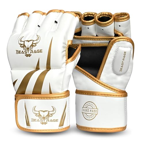 BEAST RAGE MMA-Handschuhe Herren für Grappling Handschuhe MMA Muay Thai Kickboxen Handschuhe mit Handgelenkstütze, stoßdämpfender Polster für Damen Fighting, BJJ Kinder (Weiß/Gold, L/XL)