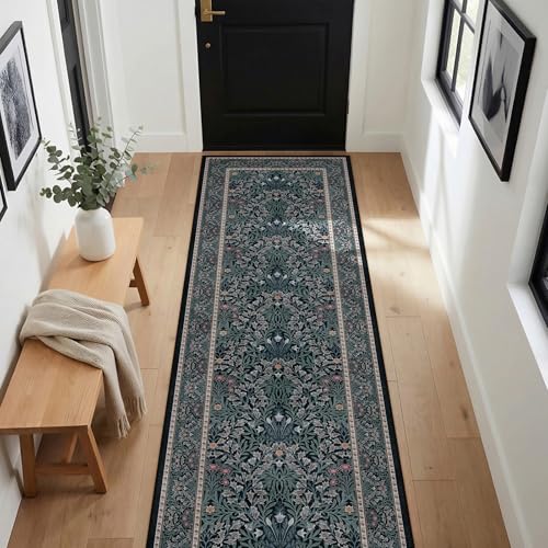 Dadasgk Washable Kitchen Runner Rug 2.6x8 – Non Slip Boho Black Floral Hallway Runner Rug with Rubber Backing, Low Pile Faux Wool Distressed Carpet for Laundry, Bedroom, Entrance, Black Grey by Dadasgk - Used condition - Image 9