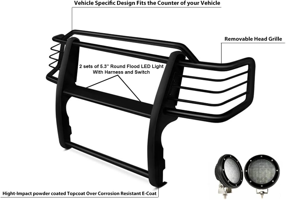 Black Horse Grille brush Bumper Guard Modular Come with Pair of 5.3" Dia.LED Lights with Black Trim Rings Compatible with 2001-2004 Toyota Tacoma-17TO23MA-PLFB