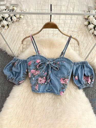 Women Print Short Sleeves Tops and High Waist Skirts Streetwear Denim 2 Piece Set3