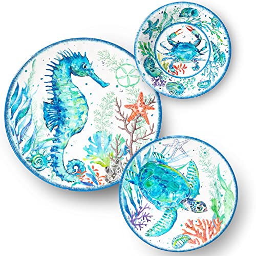 LEHAHA 12-Piece Melamine Beach Dinnerware Set, Coastal Plates and Bowls Sets, Oceanic Sea Life Dish Sets for 4, Great for Indoor Outdoor Dining on the Beach, RV, Camping or Cabin - Image 3