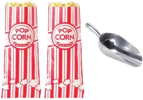 Popcorn Bags by Carnival King (200 pieces) with Poppi's Popcorn Scooper, 2 oz bags, Red & White