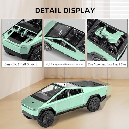 Image of PLUSPOINT 1 /32 Alloy Tesla Toy car Cybertruck Toy Pickup Trailer RV Model Kit with Beach Motorcycle, Diecast Alloy Metal RV Car Model Cyber Truck Toy with Sound Light and Pull Back,Birthday Gifts