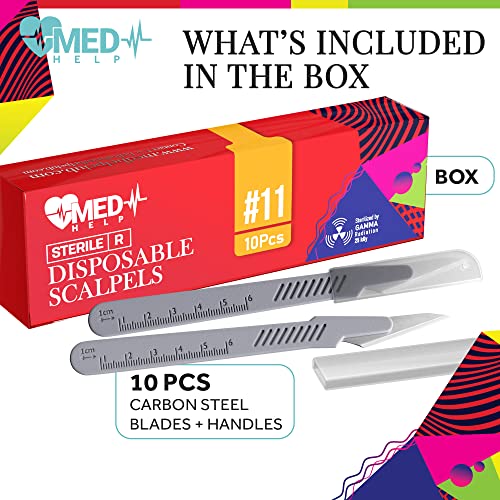 MedHelp Disposable Scalpel 11 Disposable Dermaplaning Blades with Plastic Handle, High Carbon Steel Dermablade Surgical Blades. Individually Wrapped 11 Blade, Sterile ● Box of 10 - Thumbnail 2