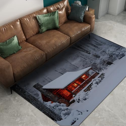 Tapis de cabane 60x120cm lavable à poil bas style chalet enneigé