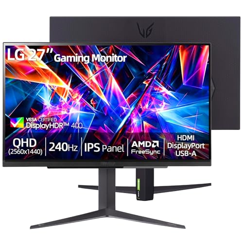 Image of LG 27 inch Gaming Monitor, QHD 1440p IPS Display, 240Hz, 1ms (GtG), 16:9, VESA DisplayHDR 400, NVIDIA G-Sync Compatible, AMD FreeSync Premium, HDMI 2.1, DisplayPort 1.4, USB-A, Height /Tilt /Pivot Stand