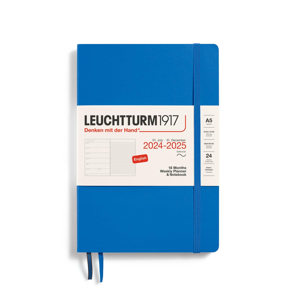 LEUCHTTURM1917 370813 Agenda semana vista y libreta Medium (A5) 2025, 18 meses (07.2024-12.2025), Tapa Blanda, Sky, Inglés