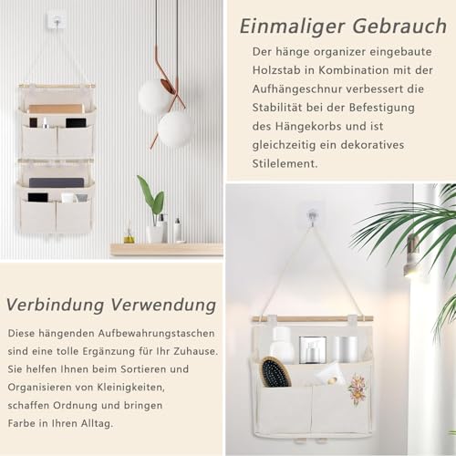2 Stück Hängeorganizer, Organizer Hängend, Hängende Aufbewahrungstasche, Hängeorganizer Bad, Leinen Wand Organizer Hängend, Wandorganizer, 2 Fächer mit Klebriger Haken, für Home, Office, Bad, Weiß