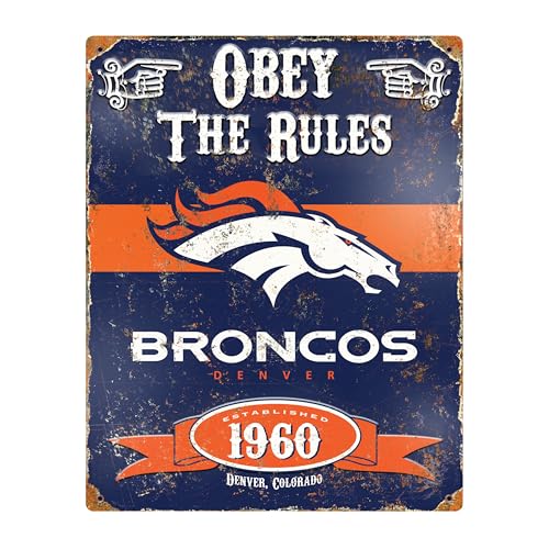 Party Animal NFL Football Embossed Metal Vintage Wall Décor, Heavy Duty Metal Wall Art for Bedroom, Office, or Fan Cave, 14.5" x 11.5", Denver Broncos by Party Animal - Used condition - US$21.03