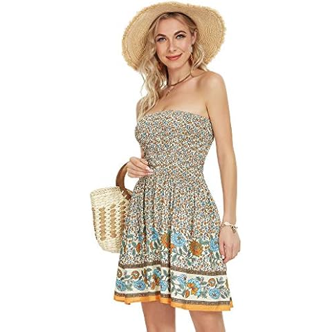 Angelegant Tube Top Dress Women Sexy Strapless Mini Dress Sleeveless Summer Dresses (XL, Beige Yellow) Cover