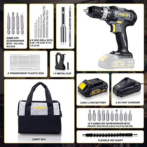 Rida Cordless Drill 20V Electric Power Drill 1/2'' Keyless Metal Chuck 355 In-Lb(40N.m) Torque With 2.0Ah Li-Ion Battery & Fast Charger, Variable Speed, 25+1 Position And 22Pcs Drill/Driver Bits #TOP5
