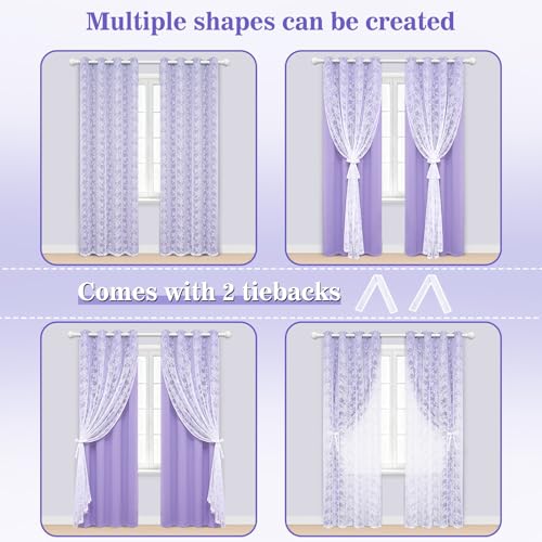 Image of Yinhua Purple Curtains for Girls Room Double Layer Blackout Curtains for Bedroom 84 Inches Long Nursery Curtain for Living Room, Grommet Drapes with Tiebacks, 52 inch W x 84 inch L