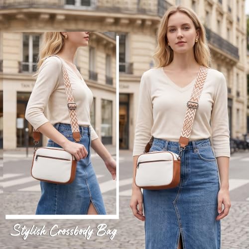 Image of TANTOMI Crossbody Bags for Women Trendy,Vegan Leather Crossbody Purses for Women Small Shoulder Bag Handbags with Wide Strap (White /Light Brown)