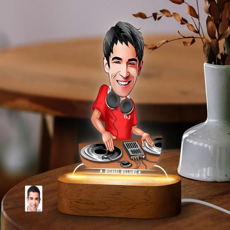 THE GRANDEUR Caricature Gift for Men, Personalized DJ Figurine Gift for Men – LED Acrylic DJ Showpiece with Wooden Base – Birthday Gift for DJ Music Lover (15 x 6 cm)-image-0