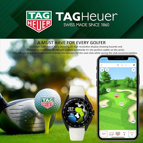 TAG Heuer Smart Watch, Fitness Watch, Connected Calibre E4 42 mm Golf Edition, Touch Screen, Waterproof, Calls, SMS, Steps, Heart Rate, Wellness, Titanium, White Or Black/Green Straps, SBR8080.EB02844