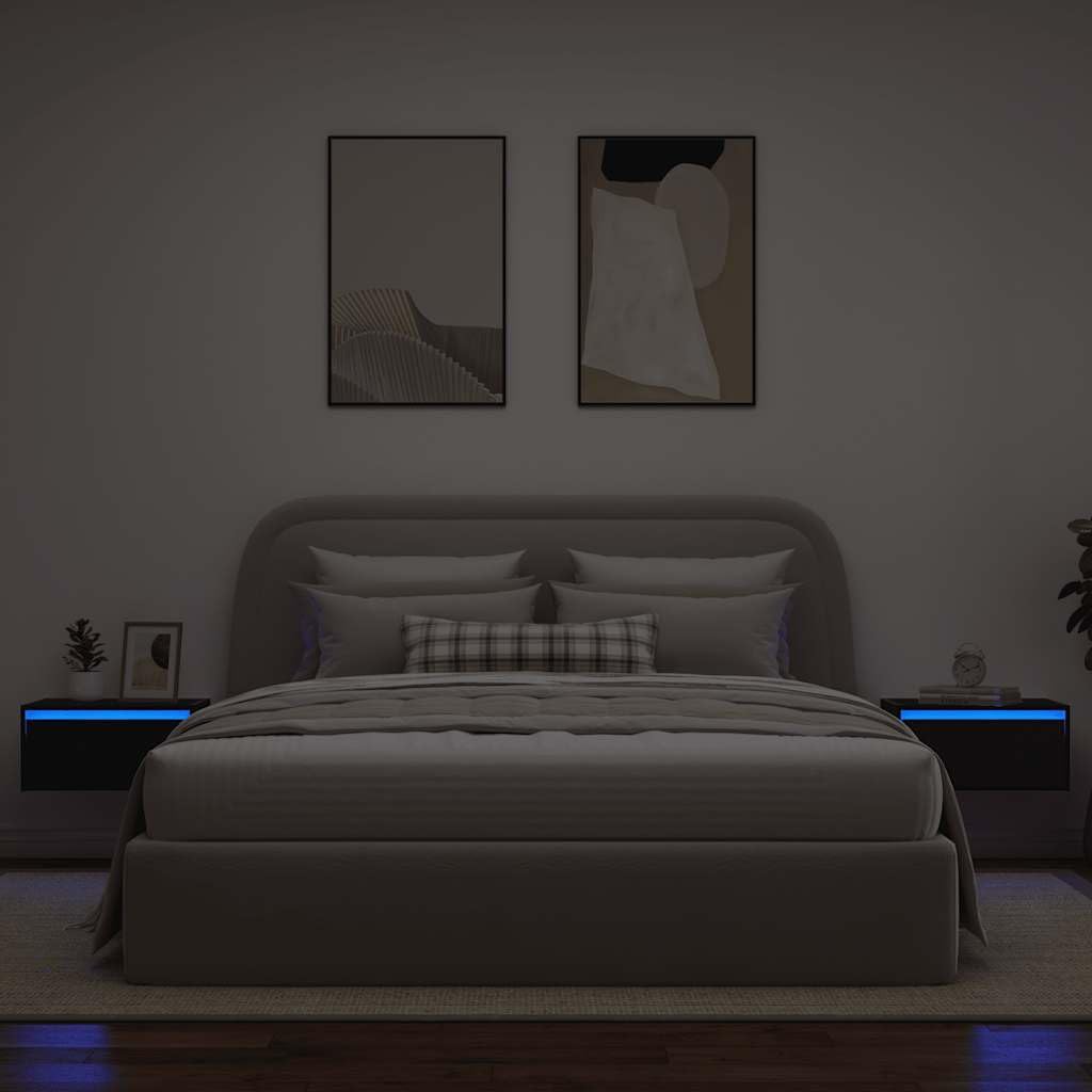 Naścienne stoliki nocne z oświetleniem LED, zestaw 2 szt., czarny wygląd dębu, pływające, materiał drewnopochodny, 51 x 35,5 x 25 cm, do sypialni, salonu