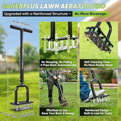 Image of Sakerplus Aerator Lawn Tool, Spike Lawn Aerator with Self-Cleaning Tines