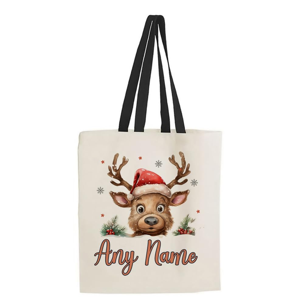 Getagift Personalised Christmas Reindeer With Name, festive Xmas Gift, Reusable Bag, Shopping Bag, Tote Bag. (Black Handle)