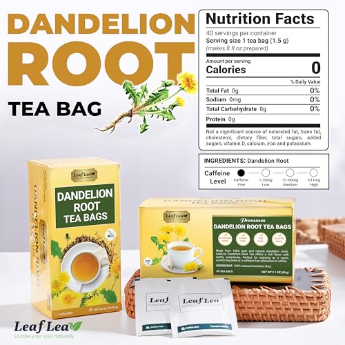 Image of LeafLea Dandelion Root Tea Bags, 240 Count, Natural Dandelion Herbal Tea Blend, Natural Dried Dandelion Root, Caffeine-Free, Sugar-Free, Vegan, Sealed for Fresh Flavor, Pack of 6