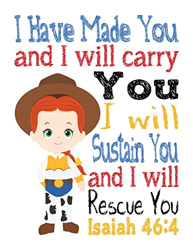 Toy Story Christian Nursery Set of 4 Unframed Prints Woody Buzz Lightyear Jessie and Alien with Bible Verses