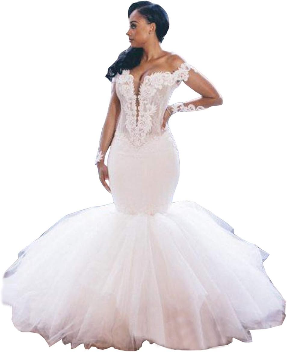 EmmaniWomen's Mermaid Wedding Dresses Lace Applique Long Sleeve Bridal Gowns Formal