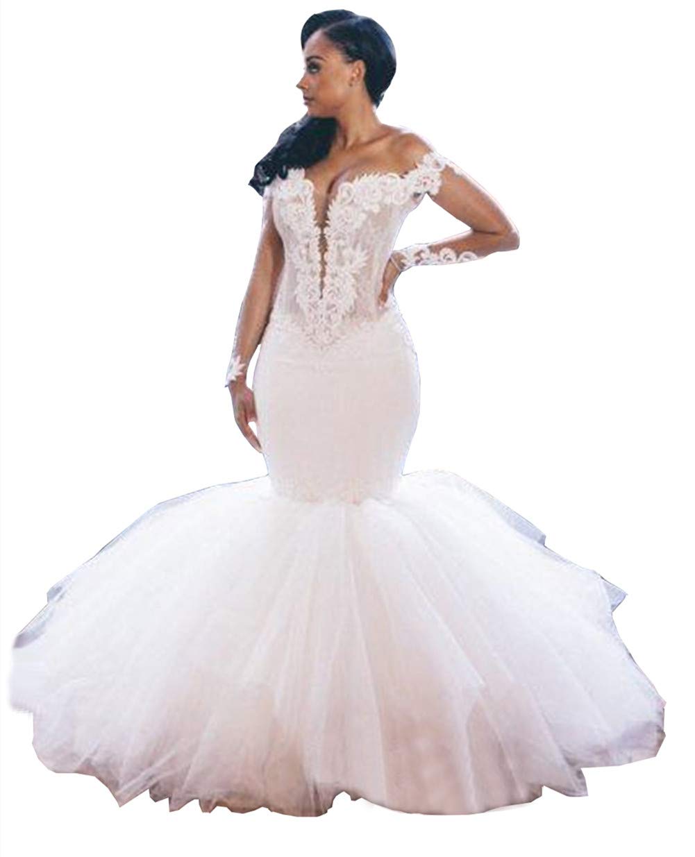 EmmaniWomen's Mermaid Wedding Dresses Lace Applique Long Sleeve Bridal Gowns Formal