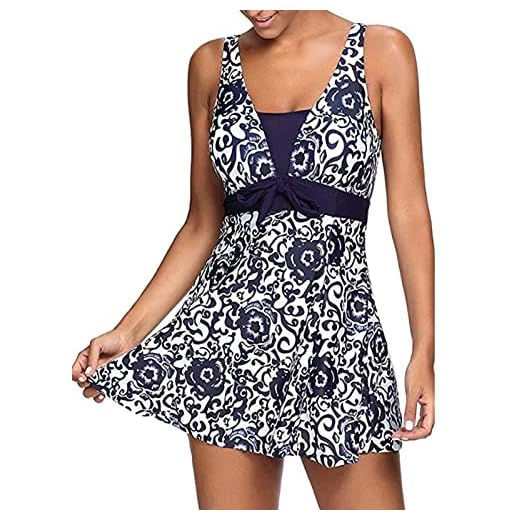 OAMEXNI Maillot de Bain Une Pièce Femme Push up Rembourré Fleur Imprimé avec Jupette Tankinis Grande Taille Beachwear Bikini Robe de Plage (XXL, Deepblue)