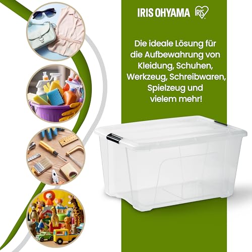 Iris Ohyama, Kunststoff-Aufbewahrungsbox mit Deckel, 45L, 3er-Set, Transparent, 98% recycelter Kunststoff, Verschlussclips, Griff, Stapelbar, Fürs Schlafzimmer, Ankleidezimmer, Büro, BPA-frei, BSB-45