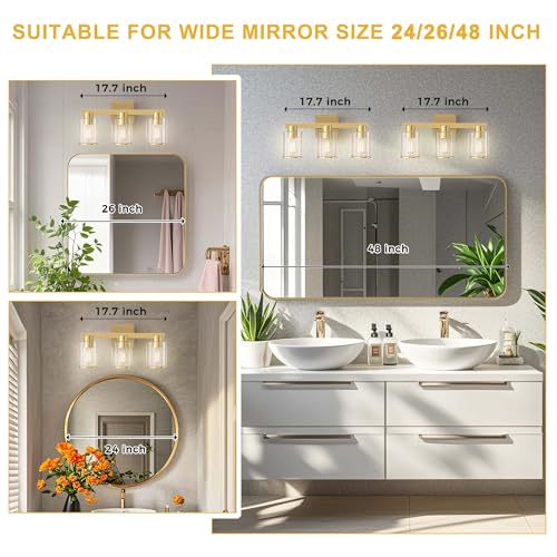 Image of L LOHAS LED Gold Bathroom Vanity Light Over Mirror, 3 Lights Bathroom Light Fixture with Clear Glass Shade, Modern Vanity Light for Living Room Hallway Cabinet Bedroom