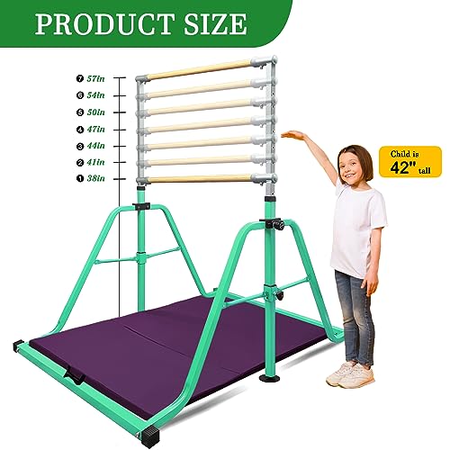 kechery Foldable Gymnastics Bar with Mat, Rings and Bar Pad for Junior Kids, 3'-5' Adjustable Height and Expandable Gymnastics Horizontal Bar Indoor Equipment for Kid's Training at Home. - Thumbnail 5