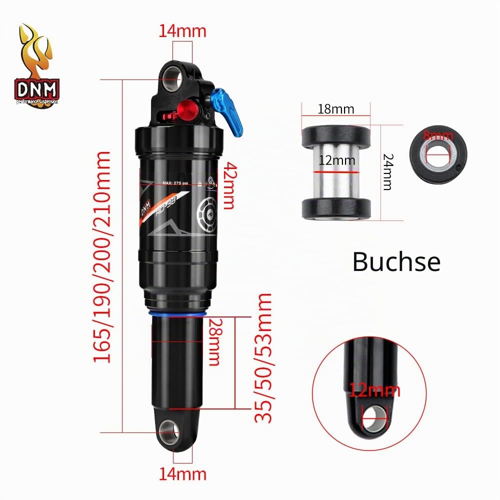 DNM AO-38RC MTB-Hinterrad-Stoßdämpfer Fahrrad Luft-Hinterrad-Stoßdämpfer Rückstoß/Lock Out - Manuelle Fernbedienung - Einstellbarer Luftdruck (210 x 53 mm (8,27" x 2,09"))