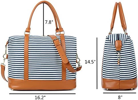 Women Ladies Canvas Weekender Bag Overnight Carry-on Tote Duffel in Trolley Handle (Blue Stripe) 3 Women Ladies Canvas Weekender Bag Overnight Carry-on Tote Duffel in Trolley Handle (Blue Stripe)